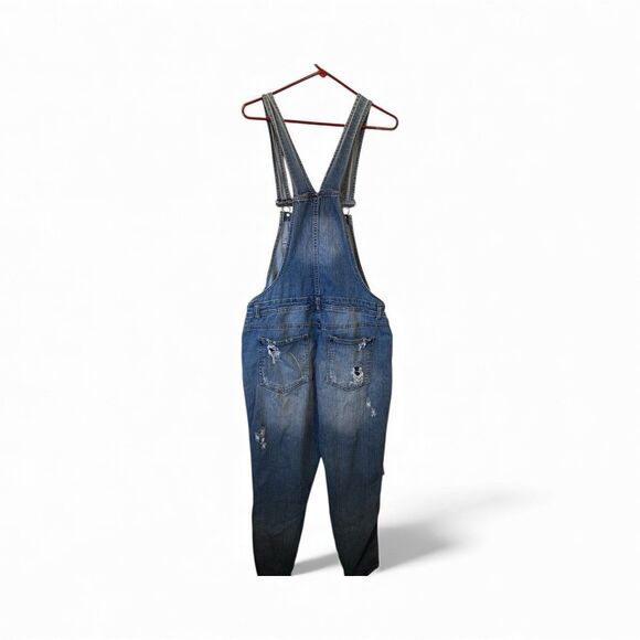 Almost Famous Women Junior Sz 9 Blue Distressed Denim Bib Overalls Grunge Boho - Picture 6 of 12
